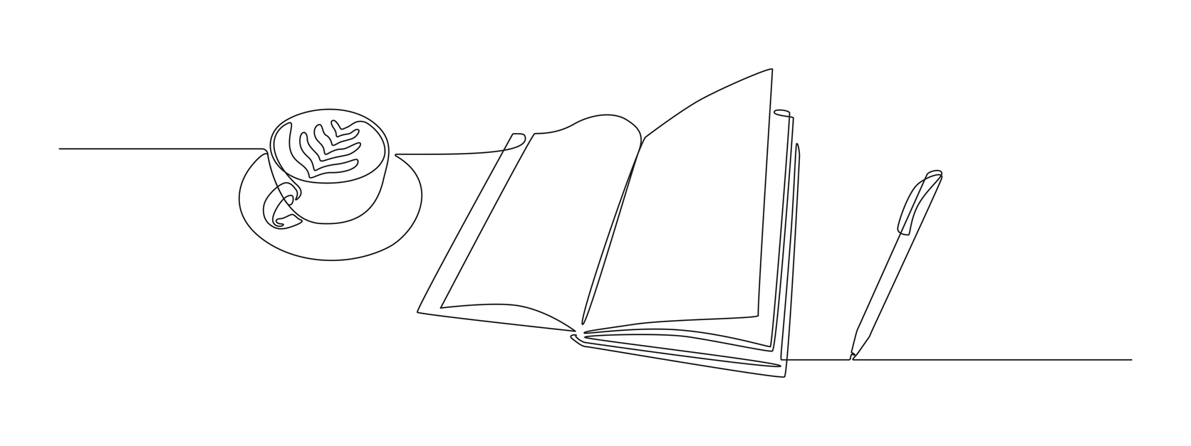 Opened book with cup of coffee and pen in one continuous line drawing. Writes in diary and knowledge library concept in simple linear style. Editable stroke. Doodle vector illustration.